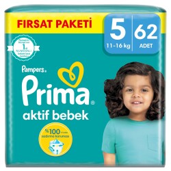 Prima Bebek Bezi Aktif Bebek 5 Beden 62 Adet Junior Mega Fırsat Paketi - 1